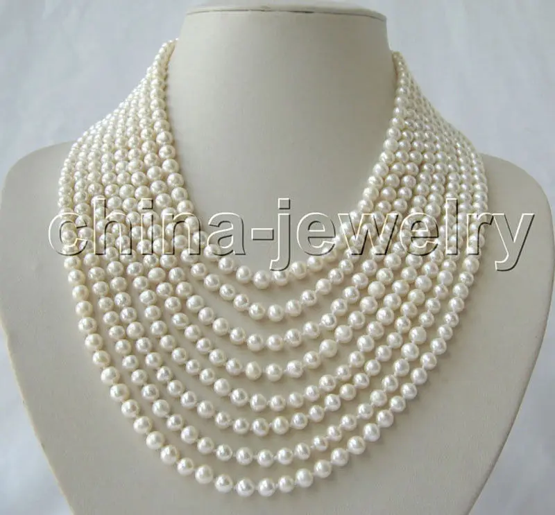 

P3085- AAA 8row 17-24" 5-6mm natural white round freshwater pearl necklace - 925