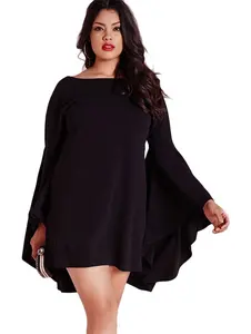 Women's Plus Size Trend Flared Sleeve Swing Dress Black