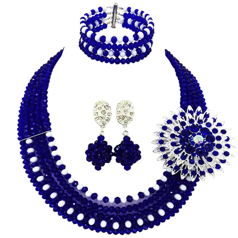 

Wholesale Price Royal Blue Opaque White African Style Classic Crystal Beads Anniversary Neckalce Jewelry Sets for Women 5C-ST-32