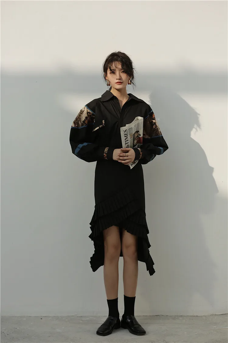

2019 Vintage Women Long Sleeve Print Black blue Shirt cartoon Cotton Tops bat sleeve Blouses H37