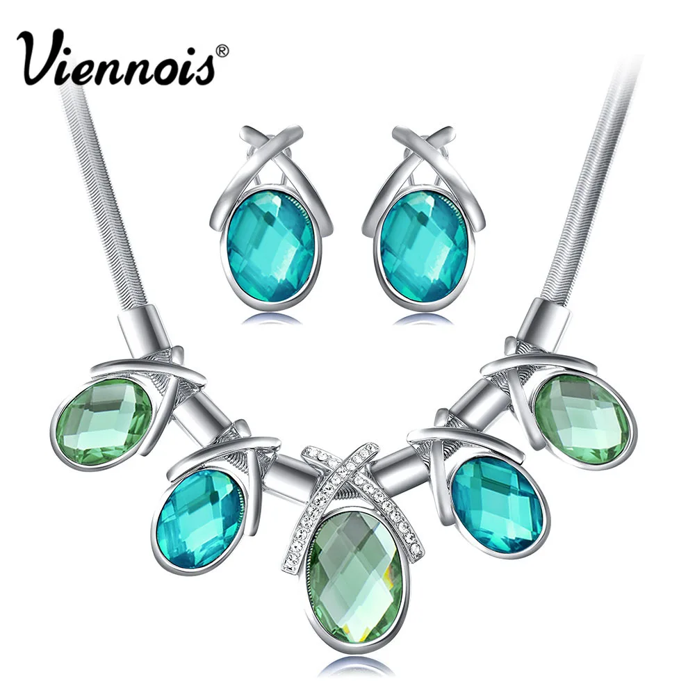 VIennois роскошный набор украшений для женщин ожерелье и серьги с голубым кристаллом