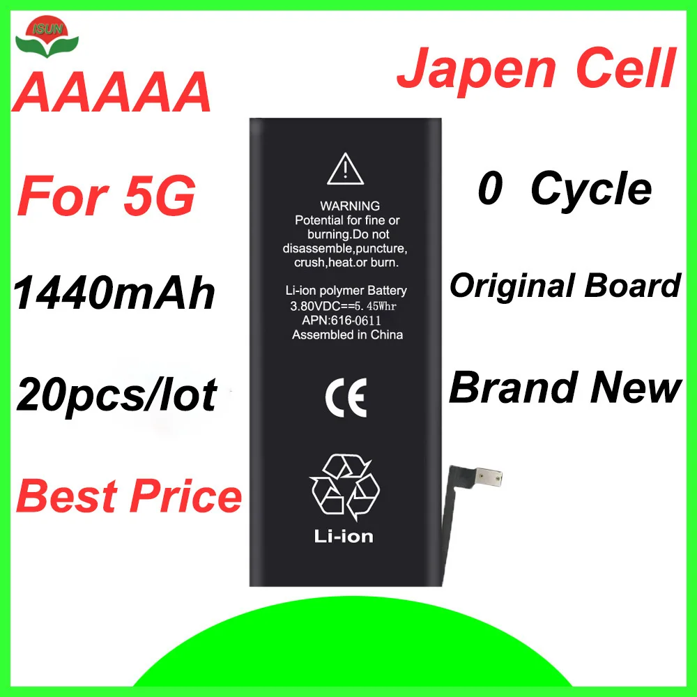 

ISUN 20pcs/lot 100% brand new orginal cell 0 cycle 1440mAh 3.7V mobile battery for iPhone 5G real capacity battery repair