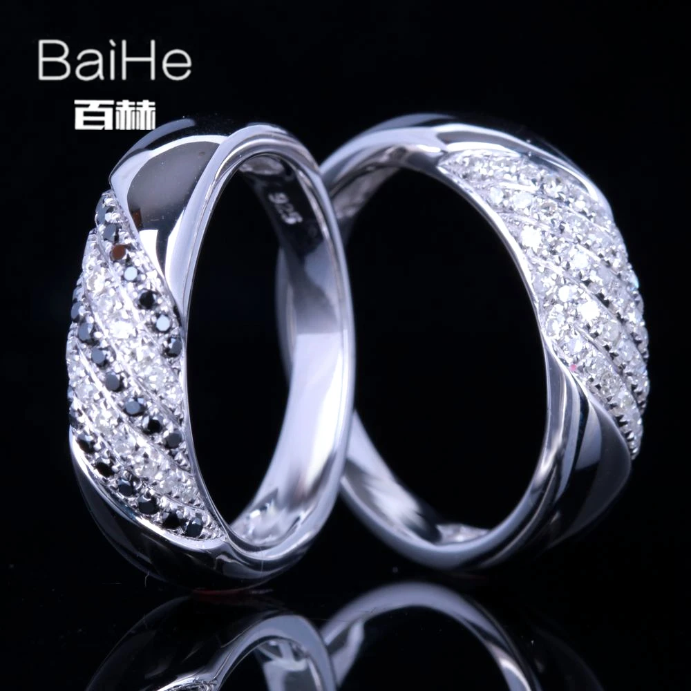 BAIHE Solid 14 K белое золото(AU585) 0.6CT сертифицированное H/SI круглое натуральное бриллиантовое черное бриллиантовое свадебное тонкое Ювелирное кольцо