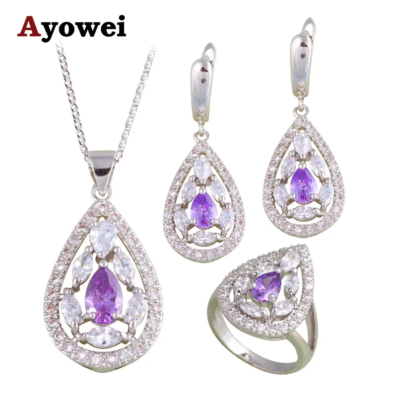 

Комплект из колье, серёг и кольца, с фиолетовым кристаллом