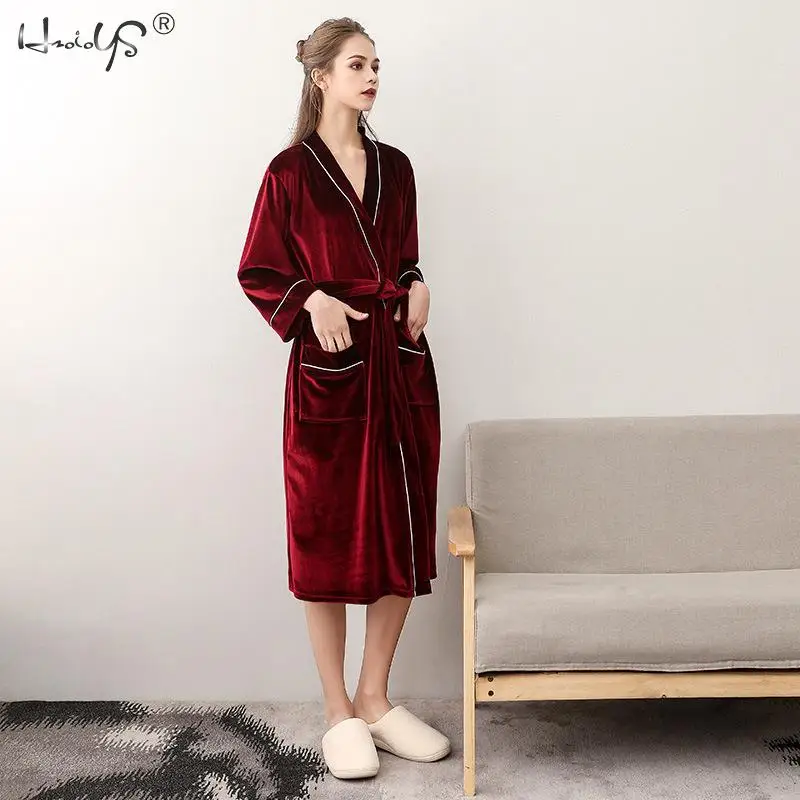 Women Wine Red Женский и мужской зимний бархатный теплый халат для влюбленных, парная ночная рубашка, халат, одежда для сна, Мужская Ночная одежда для сна и отдыха - Цвет: Women Wine Red