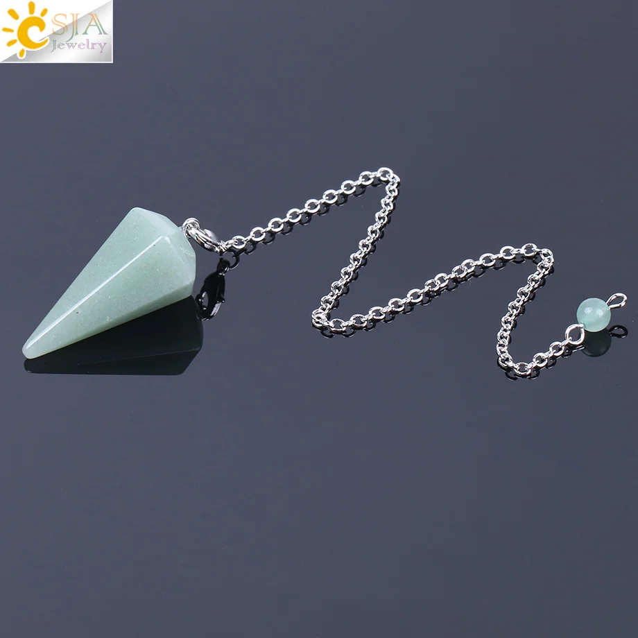 Green Aventurine CSJA большой Размеры Для мужчин Для женщин натуральный Исцеление драгоценного камня Ювелирные изделия рейки пирамида из шестиугольного маятника цепочка подвеска, амулет классический E112 - Окраска металла: Green Aventurine