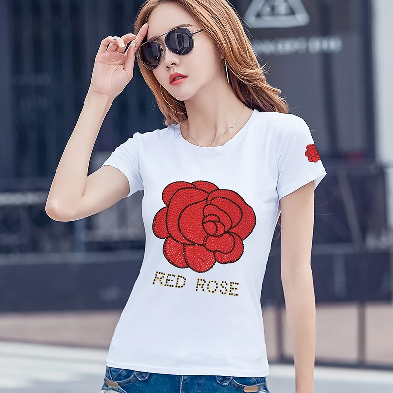 2017 New Female T-shirt Short Sleeve T Shirt Fashion Print Rhinestone Cotton T-shirts For Women Poleras De Mujer Summer Tops |