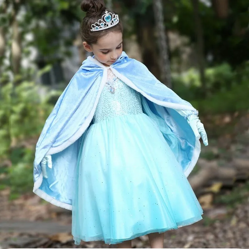 dress and cape Костюмы принцессы Золушки и Эльзы для девочек, кружевное платье-пачка с блёстками вечерние Роскошные платья на день рождения, Хэллоуин, Рождество, наряд, накидка - Цвет: dress and cape
