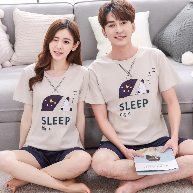 Летний домашний костюм для пары пижамы пар хлопковые мужчин круглый воротник