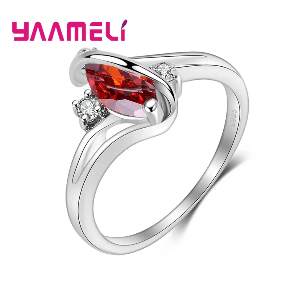 

Brand Women 925 Sterling Silver Rings With Red Crystal Fashion CZ Rhinestone Wedding Engagement Ring Jewelry Bague