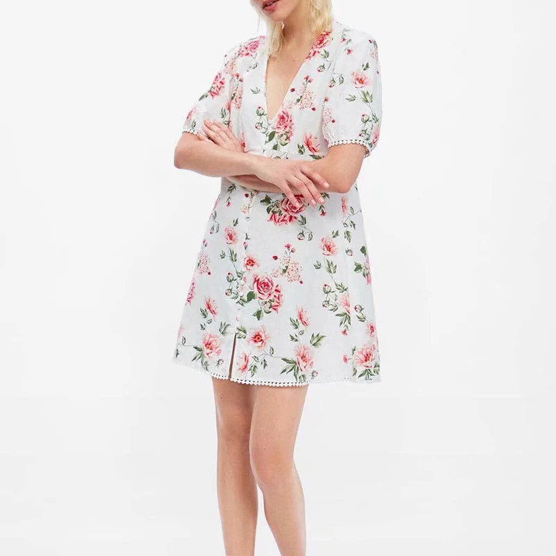 Summer Print Floral Mini Dress Vintage Short Sleeve Female Sexy Boho Casual Holiday Lady V-Neck heydress Store | Женская одежда
