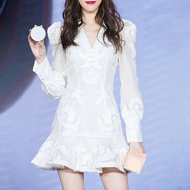 Spring Runway Designer V-Neck Long Puff Sleeve Lace Trim Embroidery White Dress Women Ruffle Hem Bodycon Mermaid Dress
