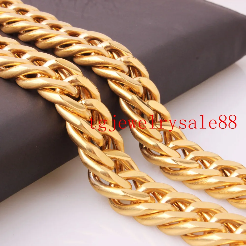 

Perfect 16mm Wide Gold Color Stainless Steel Cuban Curb Link Chain Biker Men Women Trendy Bracelet Necklace 7-40inch