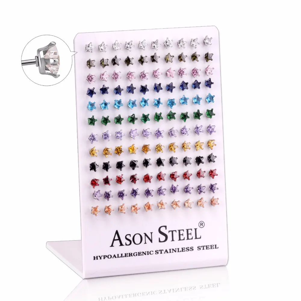 ASONSTEEL 60 пар/лот модные украшения для ушей серьги пусеты со звездным цирконием опт