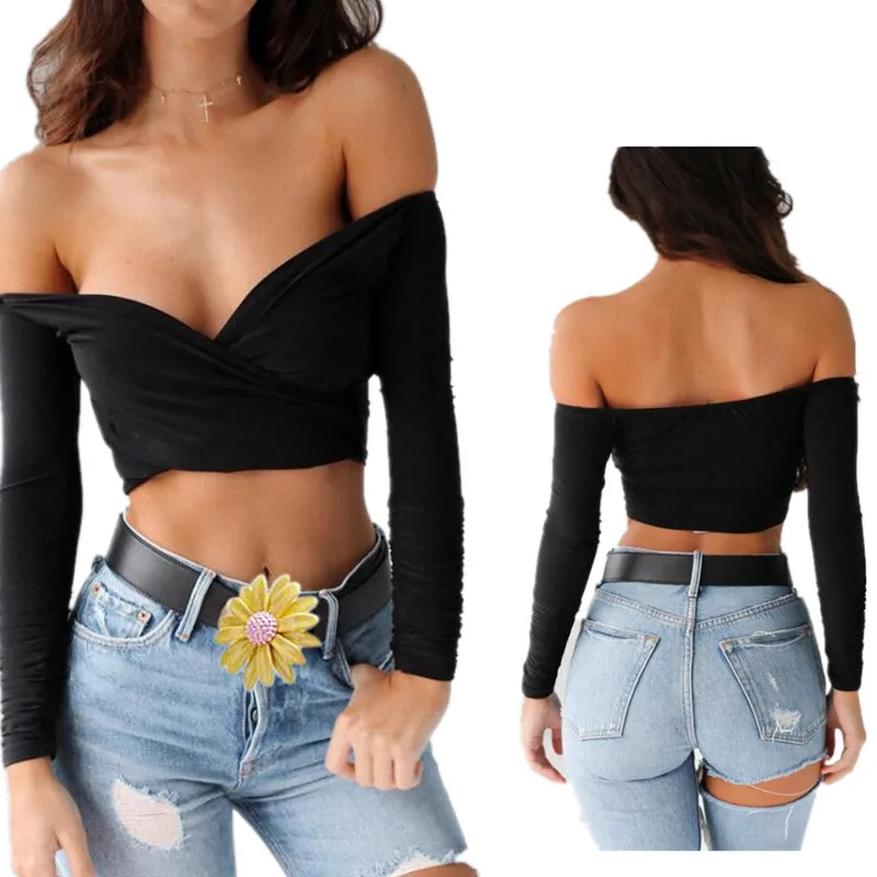 2017 Летний Новый короткий Тощий Топ с длинным рукавом и вырезом лодочкой