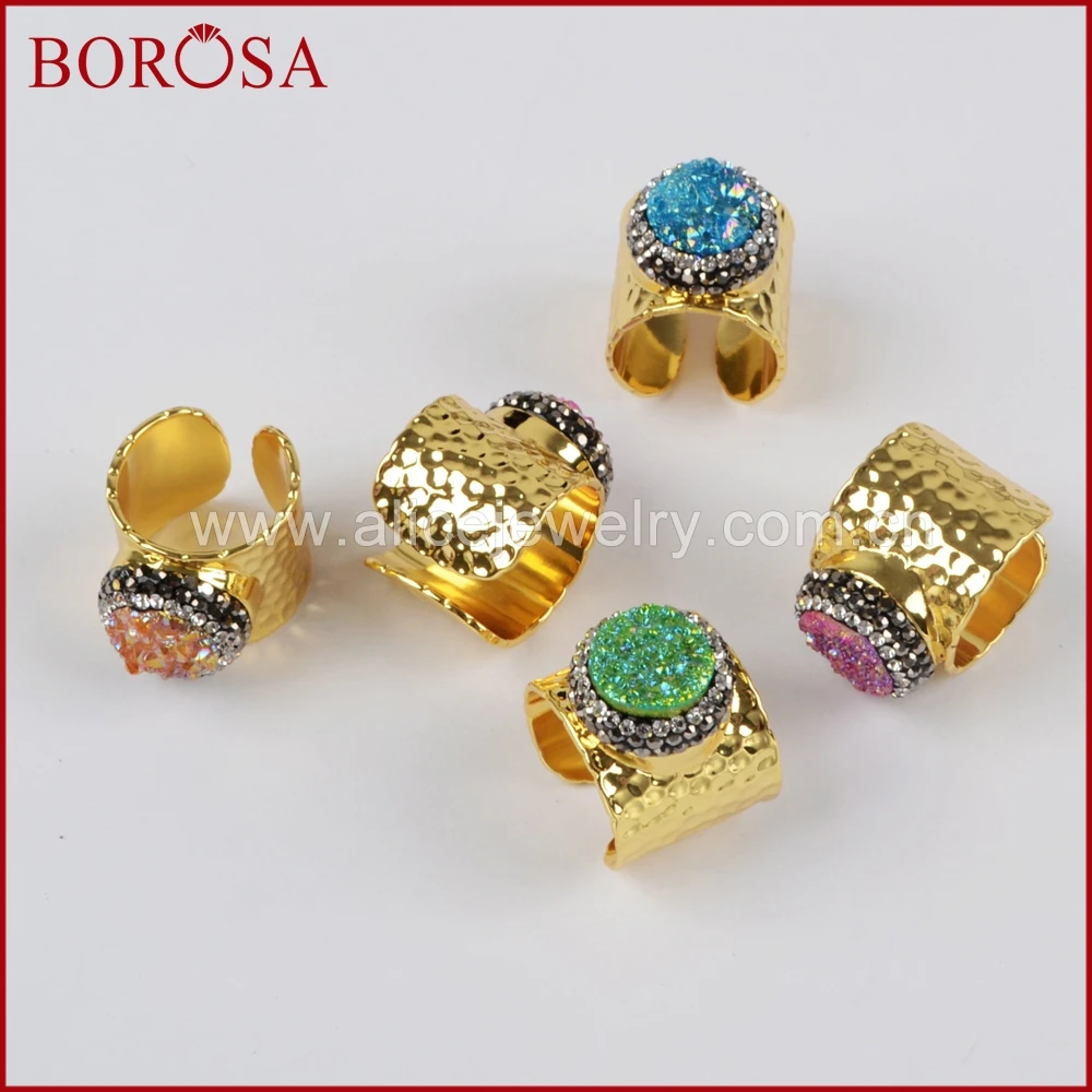 BOROSA 6 шт. Друза круглая Радуга титановая Золотое кольцо мода смешанных цветов