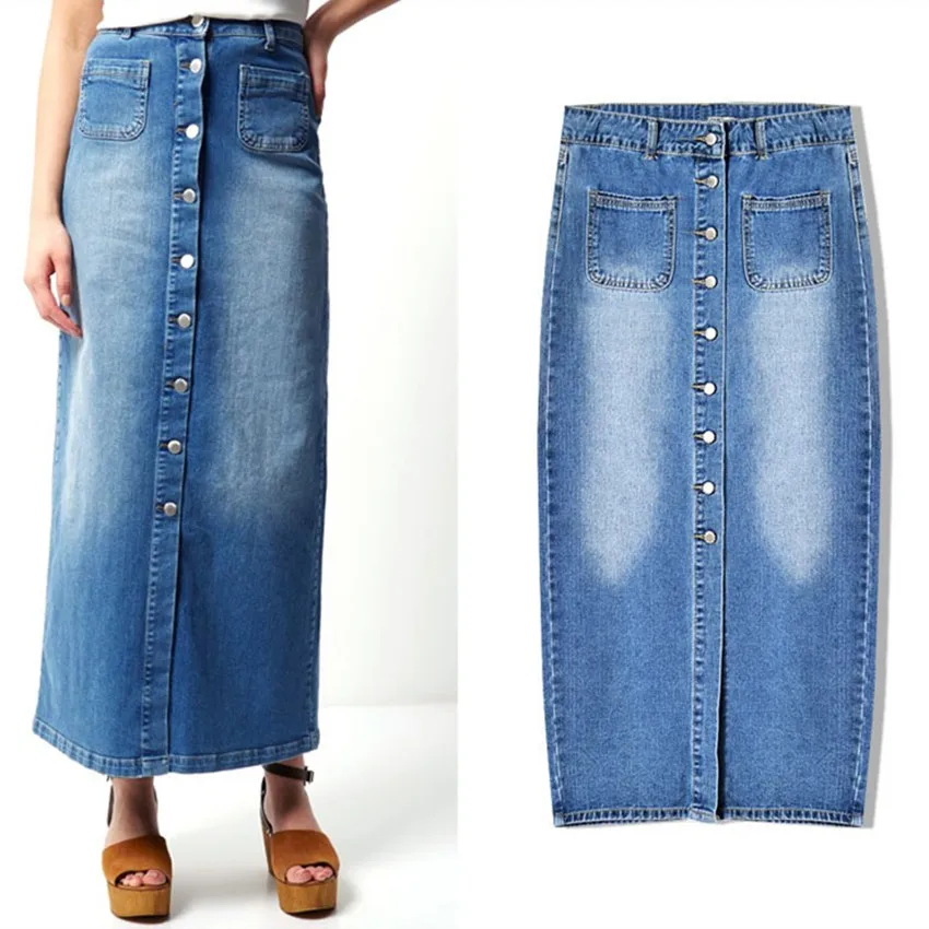 2019 women clothing high waist split pure cotton washed denim pencil skirt Female fashion vintage slim Midi long jean skirts | Женская