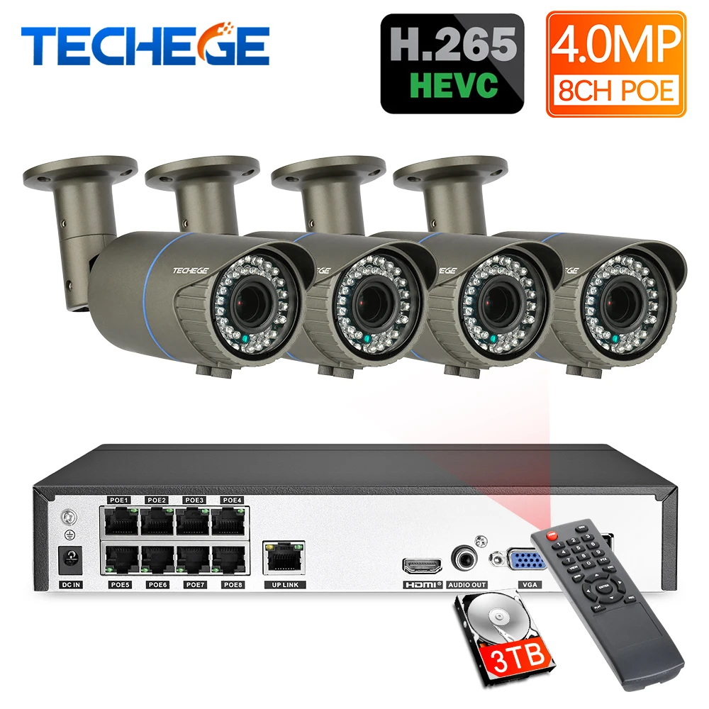 Techege H.265 8CH POE Система 2 8 12 мм моторизированный зум объектив 4.0мп ip камера 2592*1440