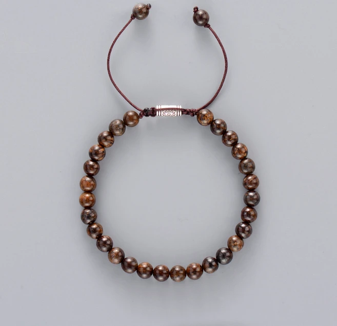 Мужской браслет 6 мм из натурального бронзита с бусины в тибетском стиле