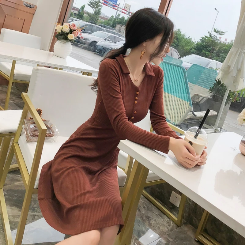 Осенне-зимние новые винтажные однотонные платья 2018 корейские элегантные женские