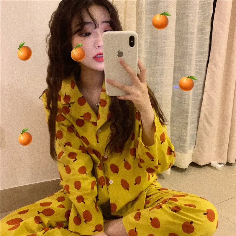 Hrizip Korean Women 2019 Spring Autumn Pajamas Sets Print Sweet Soft Loungewear Sleepwear Nightgown Women's Sleep | Женская одежда