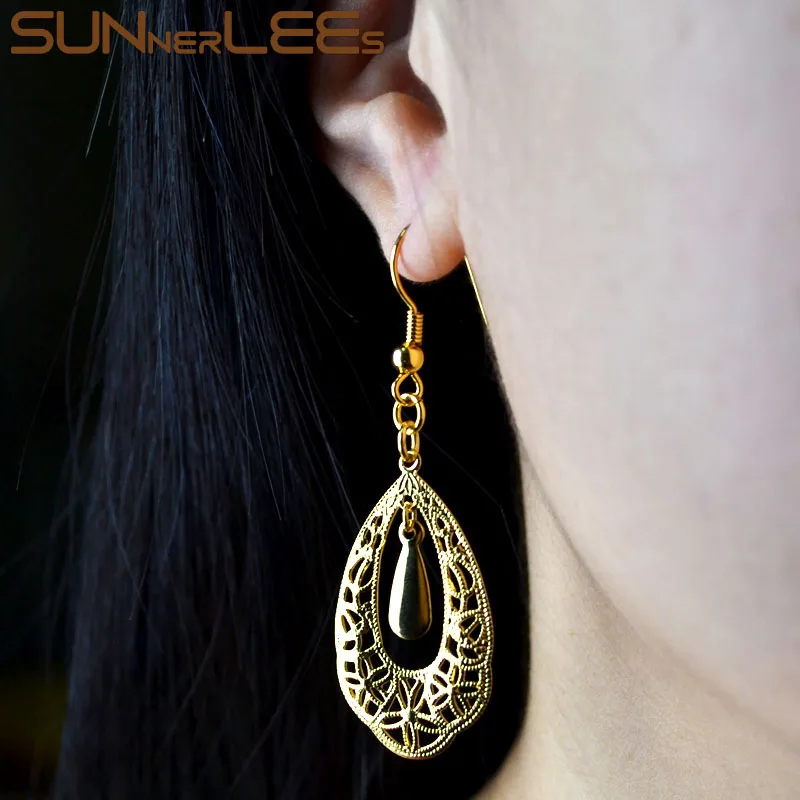 

SUNNERLEES Fashion Jewelry Womens Girls Gold-Color Drop Earrings Elegant Hollow Out Water Drop Dangles E30 Y