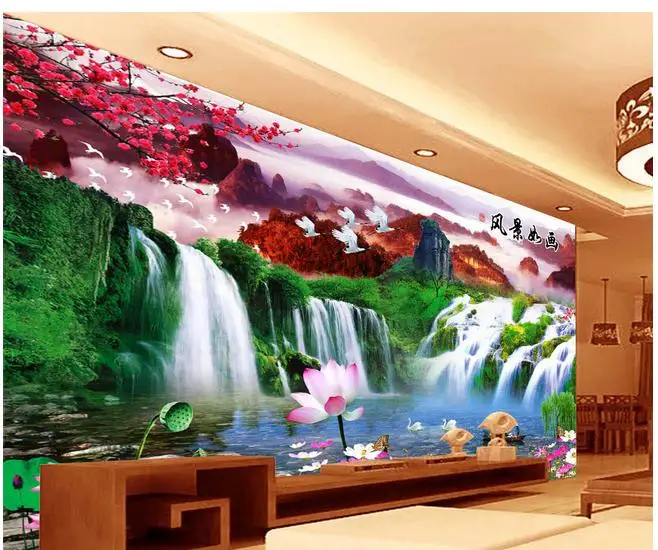 

Custom photo wallpapers 3d murals wallapper Idyllic landscape forest waterfall Chinese TV wall background scenery wallpaper