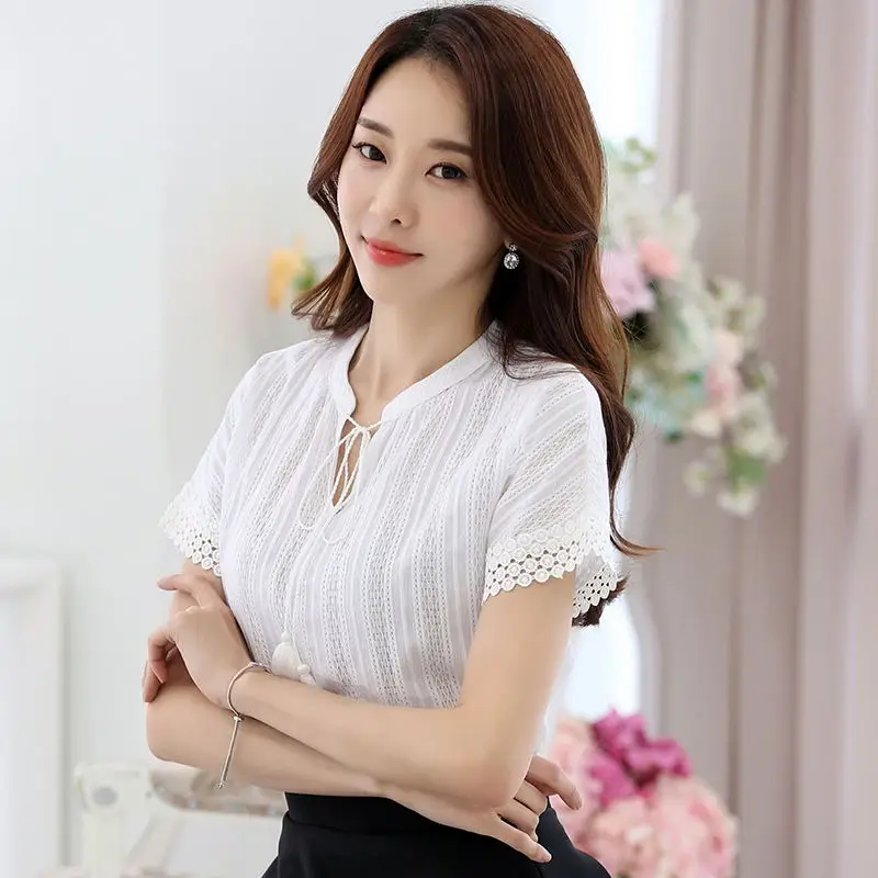 Женская блузка Soperwillton белая кружевная с коротким рукавом на лето 2018|blusas femininas|white