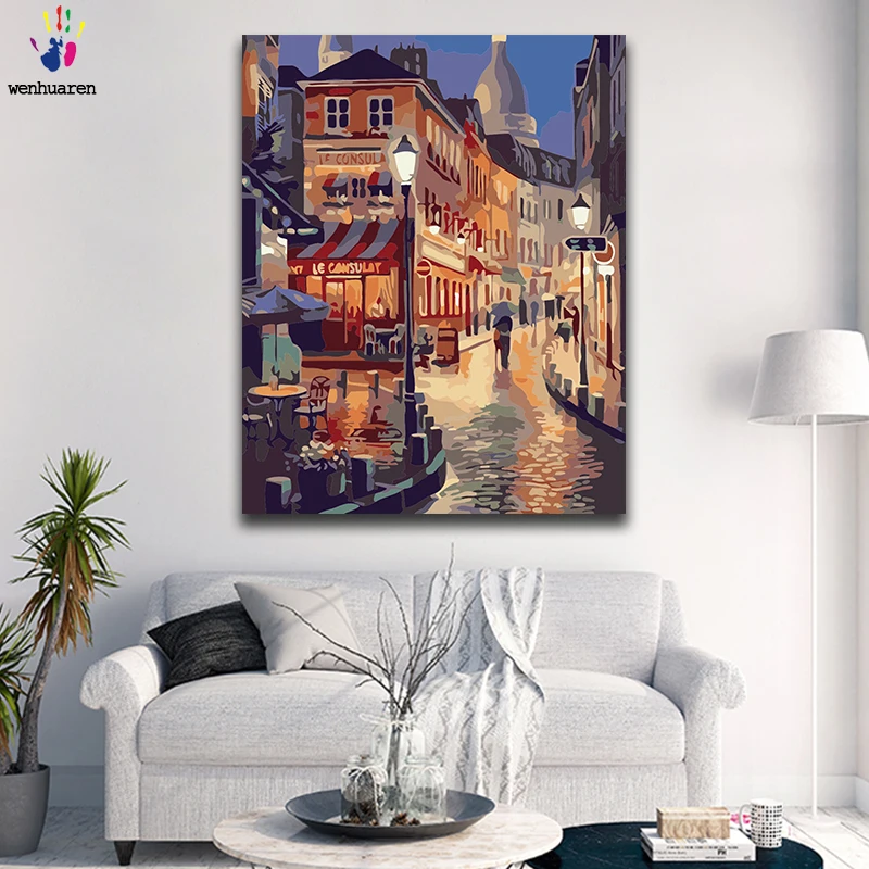 DIY Coloring paint by numbers City street scenery paintings with kits 40x50 framed | Paint By Number Package