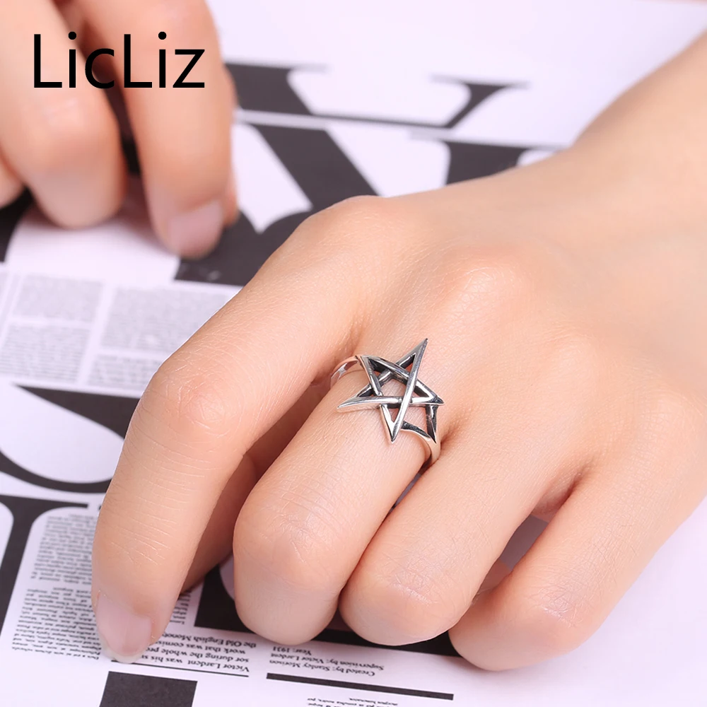 LicLiz, трендовые, 925 пробы, серебряная звезда, регулируемые, открытые, манжеты, кольца для женщин, полая пентаграмма, кольцо, полоса, античное ювелирное изделие LR0324