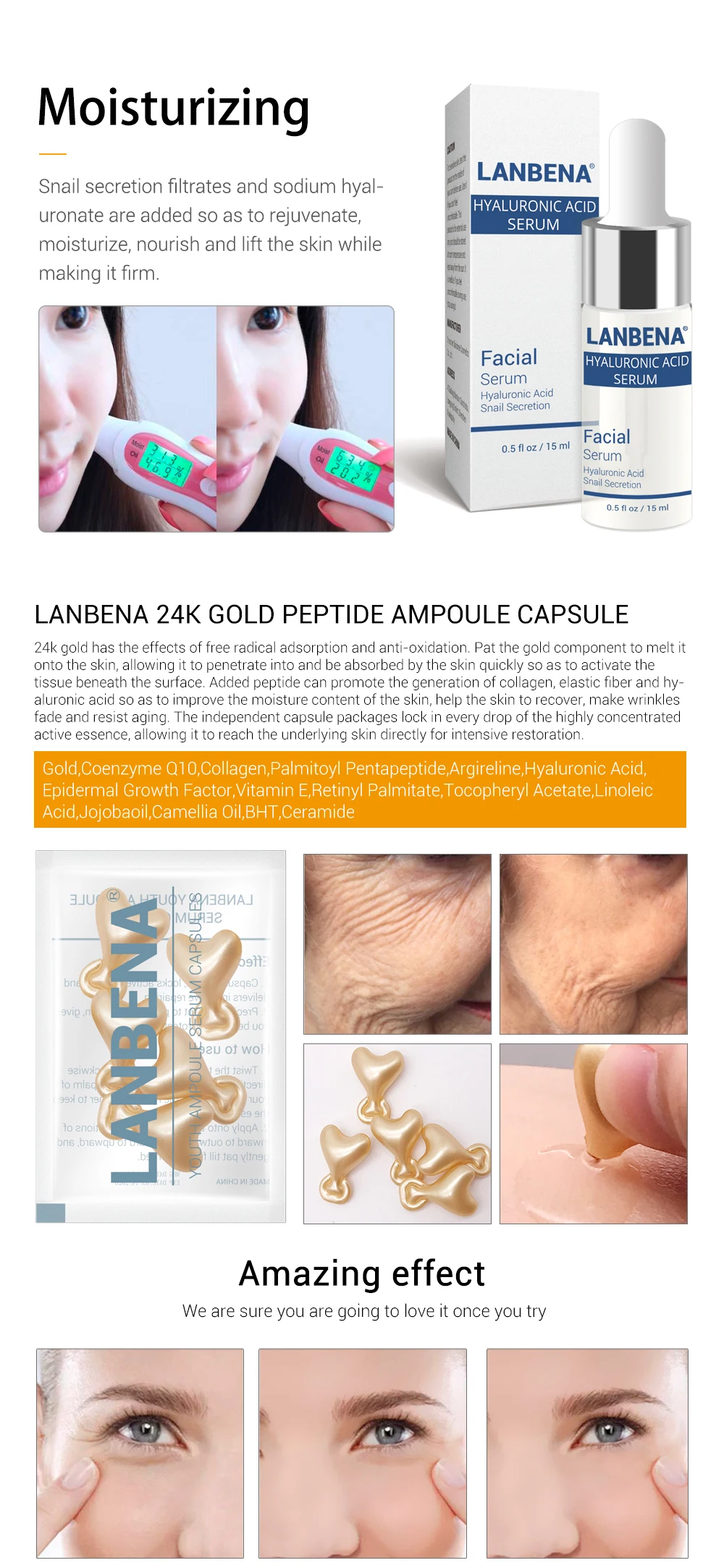 Купить 3 получить 1 подарок LANBENA Витамин С+ шесть пептидов 24 К золото+ Сыворотка с гиалуроновой кислотой 3 набор+ морщины Сыворотка для лица дневной крем для глаз