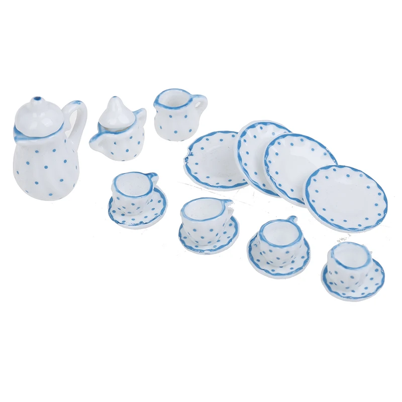 

15Pcs 1/12 Doll House Miniature Blue Flower Patten Porcelain Coffee Tea Cups Ceramic Tableware Doll House Kitchen Accessories