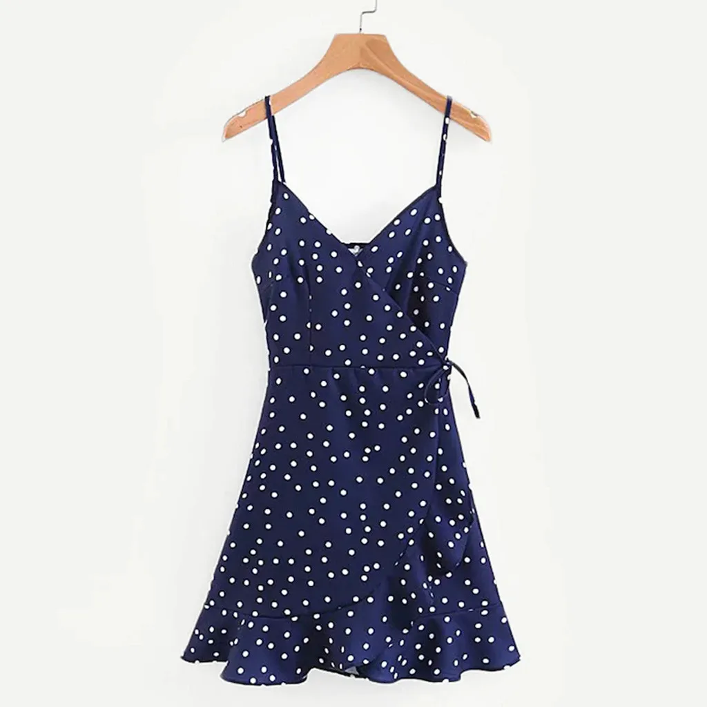 Мини платье Летнее женское Повседневное в горошек с оборками на шнуровке бантом