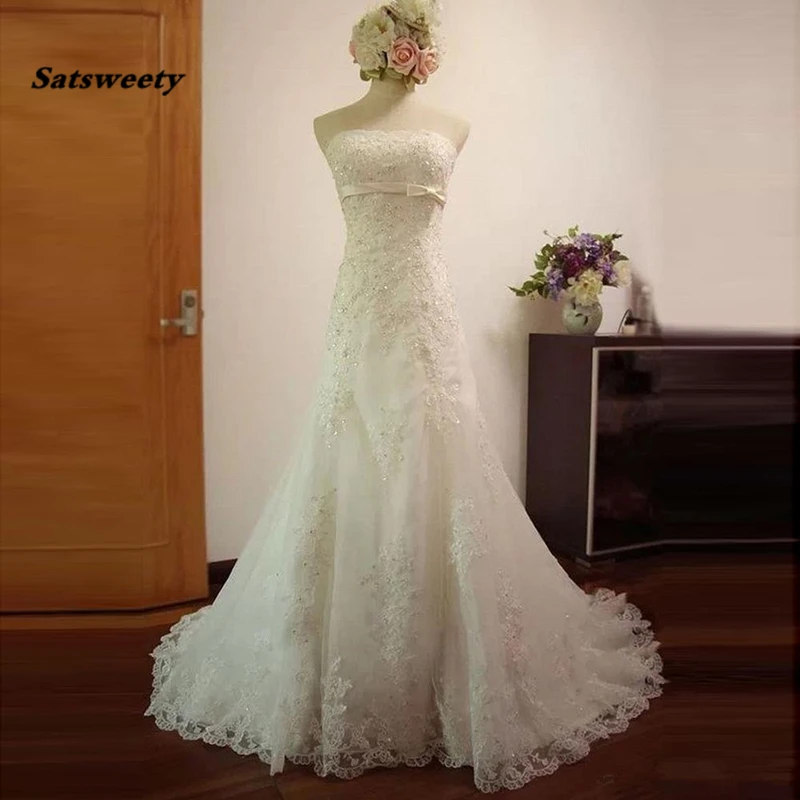 

Real Photos Strapless Ivory Mermaid Lace Appliques Sequins Bridal Gowns Lace Wedding Gown Court Train Beaded Wedding Dress