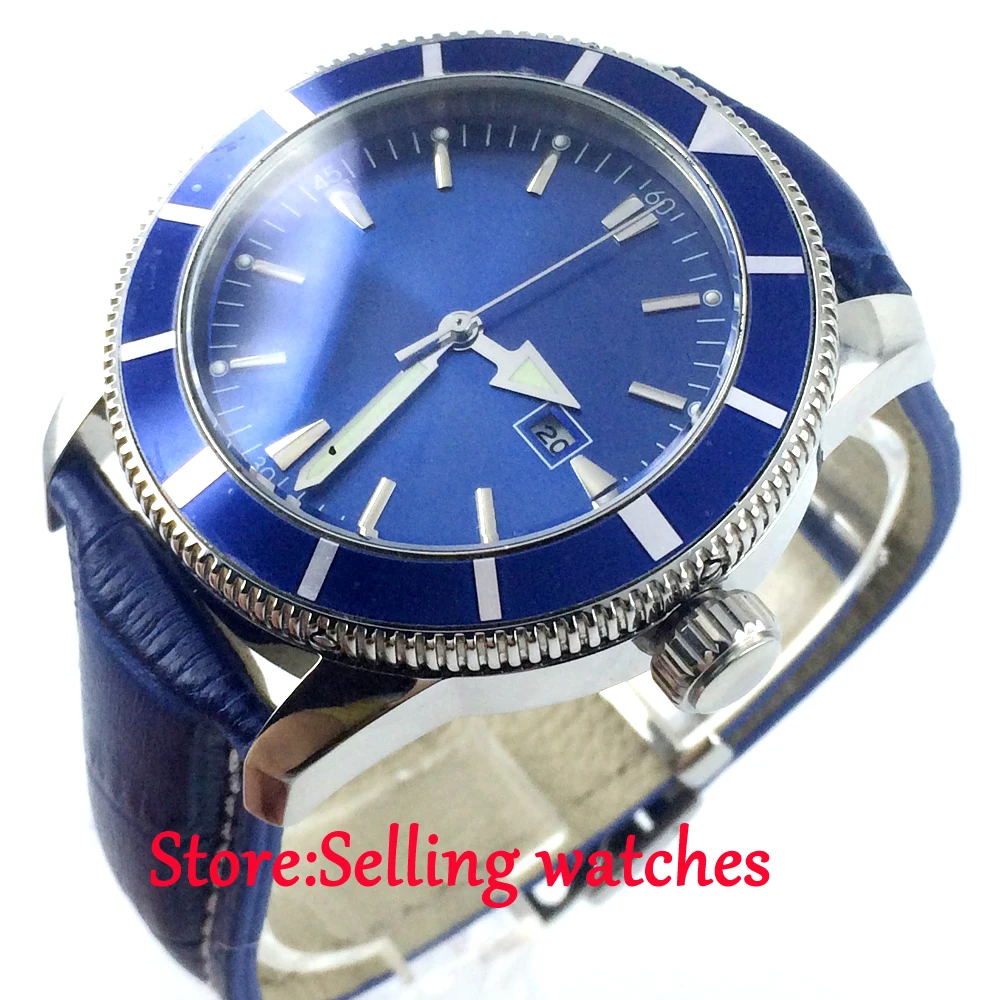 

46mm Bliger blue dial date luminous marks sub automatic mens wrist watch