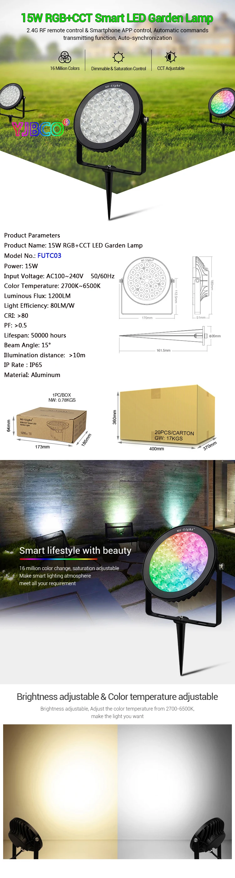 FUTC01/FUTC02/FUTC03 9 Вт 15 Вт RGB+ CCT газон свет IP65 Водонепроницаемый DC24V AC110V 220 в наружное садовое освещение B8 2,4 г Дистанционное