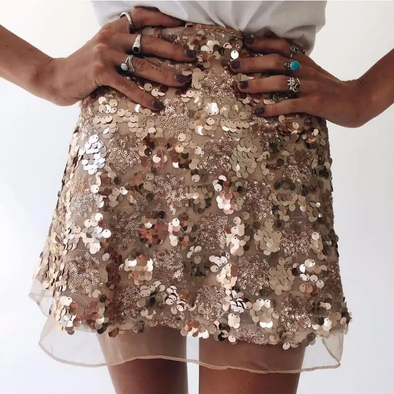 mesh patchwork skirt Women Sexy High Waist Party Glitter Mini Skirt Bodycon sequin back zipper Ladies Beach Skirts | Женская одежда