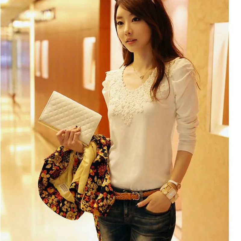 Белая элегантная кружевная блузка с длинным рукавом топ круглым вырезом