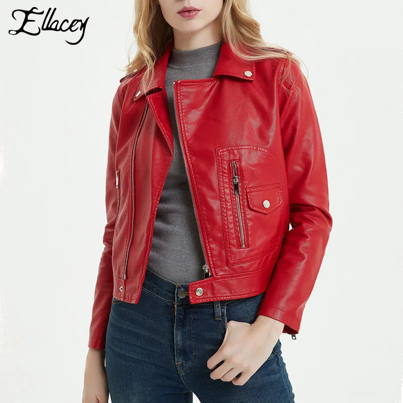 Фото Красная куртка из искусственной кожи женская модная яркая мотоциклетная