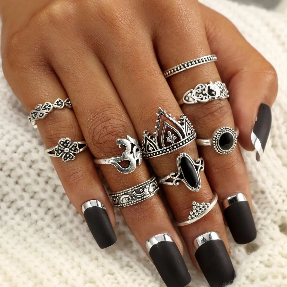 DANZE Boho Jewelry Vintage Black Stone Knuckle Ring Set For Women Yoga Crown Flower Midi Party Gift 10 Pcs/lot Dropshipping | Украшения и
