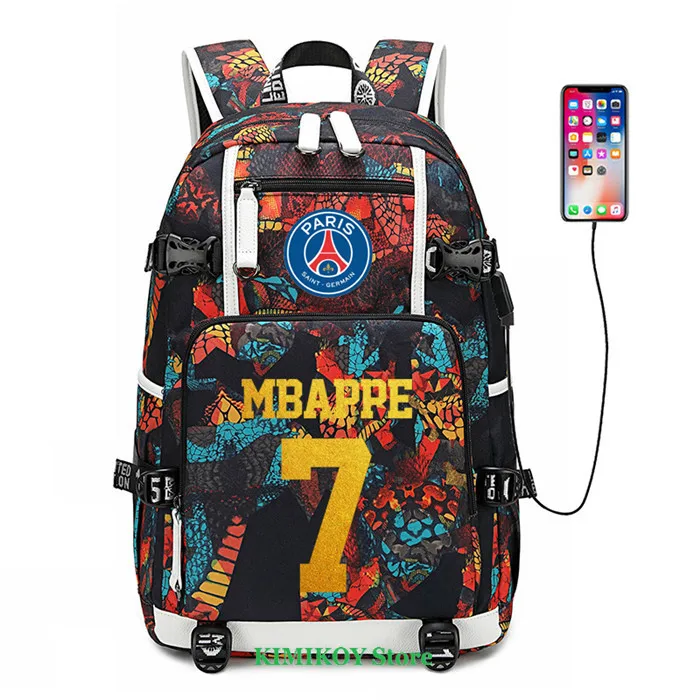 Футболист MBAPPE Neymar GRIEZMANN рюкзак 7 школьные сумки usb зарядка ноутбук Водонепроницаемый путешествия холст сумки большой емкости - Цвет: MBAPPE1