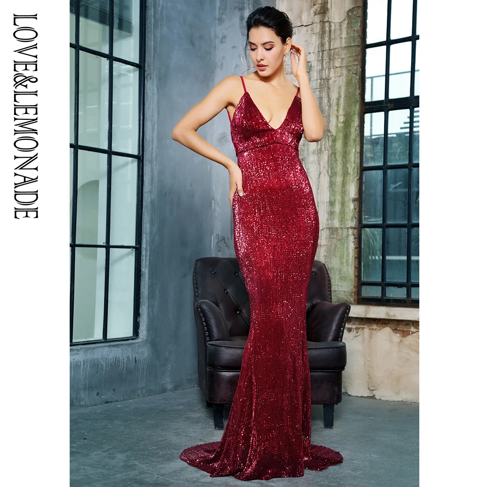 Женское платье с блестками LOVE & LEMONADE длинное облегающее глубоким V образным