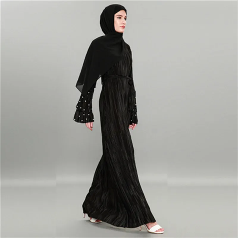 Muslim Long Sleeve Maxi Abaya Pearls design Dress Solid Color Islamic Clothing Elegant Turkish Robe Sexy Party Dresses | Тематическая