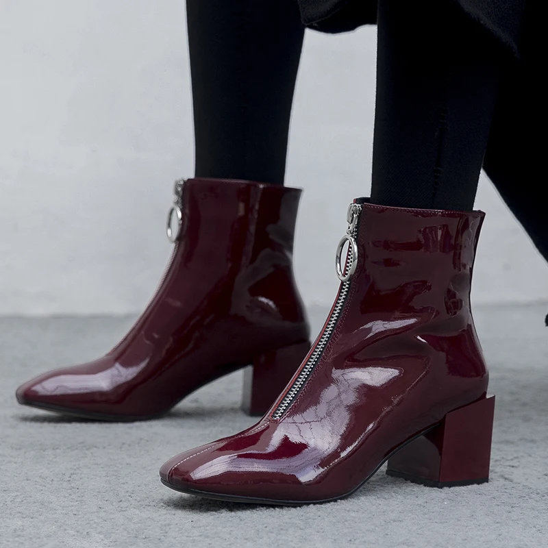 

WETKISS Patent Leather Women Ankle Boots Square Toe Rubber Footwear High Heels Female Boot Zip Shoes Woman 2018 Winter Black