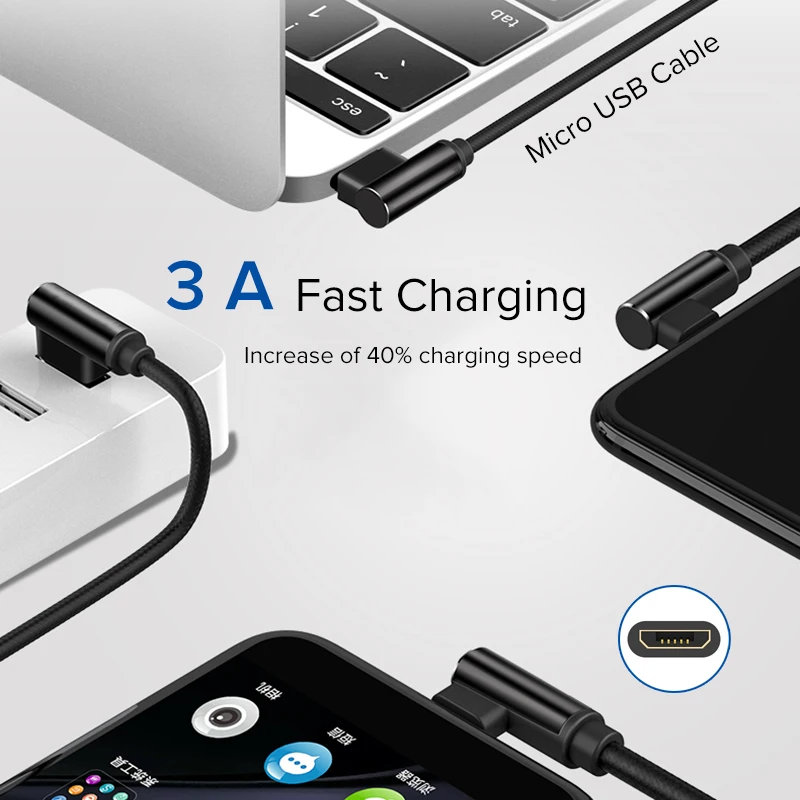 Зарядный кабель EECPT 3A Micro USB провод для зарядки и передачи данных 90 градусов