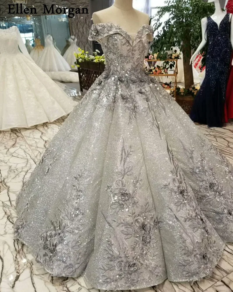 Grey Sexy Ball Gowns Wedding Dresses 2019 for Women Lace up Beaded 3D Flowers Glitter Fabric Sequined off Shoulder Bridal | Свадьбы и