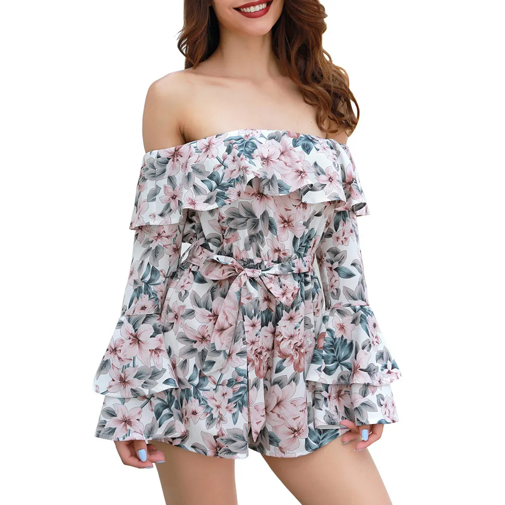 

Newly Women Sexy Off Shoulder Flower Print Jumpsuit Long Ruffle Sleeve Romper Waist Belt Summer Playsuit m99