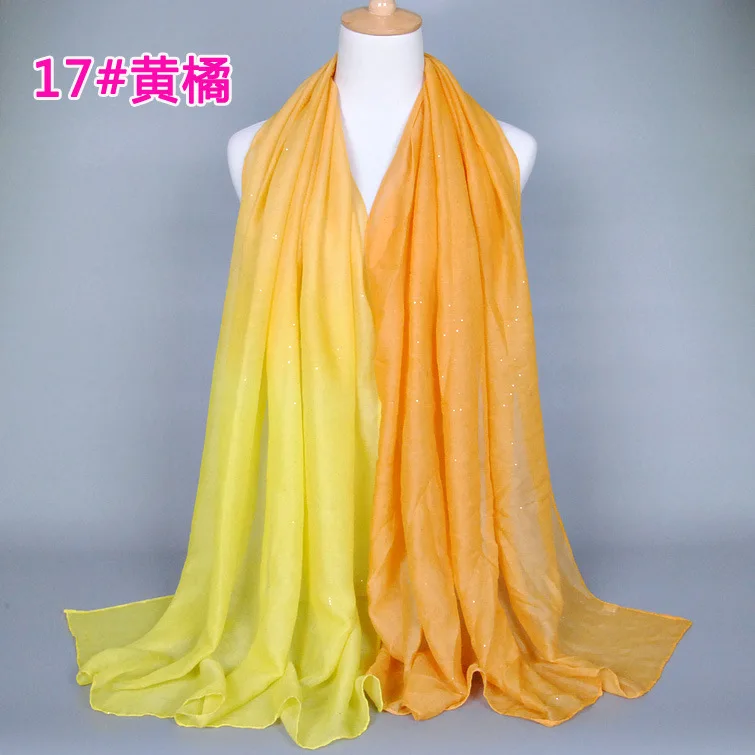 17 orange yellow 1 шт. градиент цвет хлопок шарфы для женщин Исламская женский тюрбан длинная шаль блеск платок Shimmer мусульманских хиджабы тонкий Gauzy 180x90 см - Цвет: 17 orange yellow
