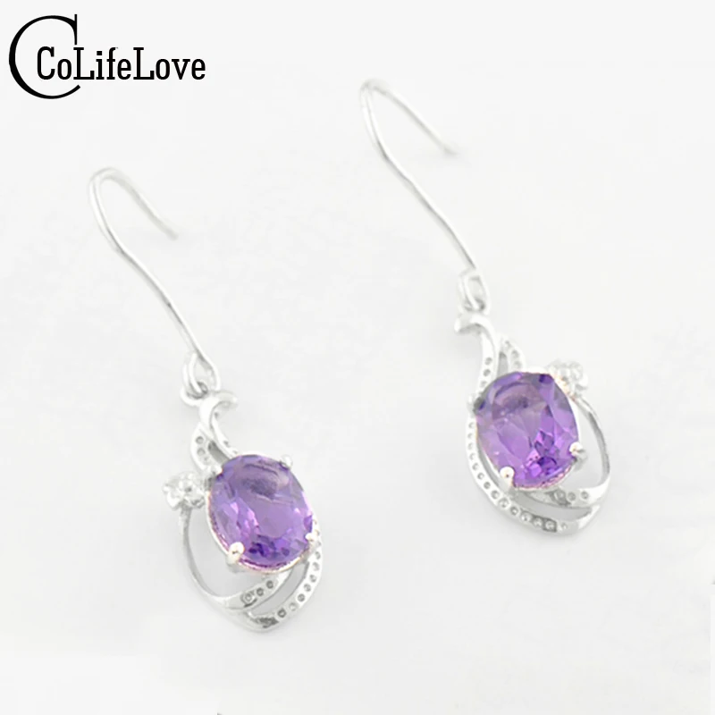 

Classic sterling silver eardrop natural 7mm*9mm oval cut amethyst drop earrings for woman luxurious silver amethyst earrings