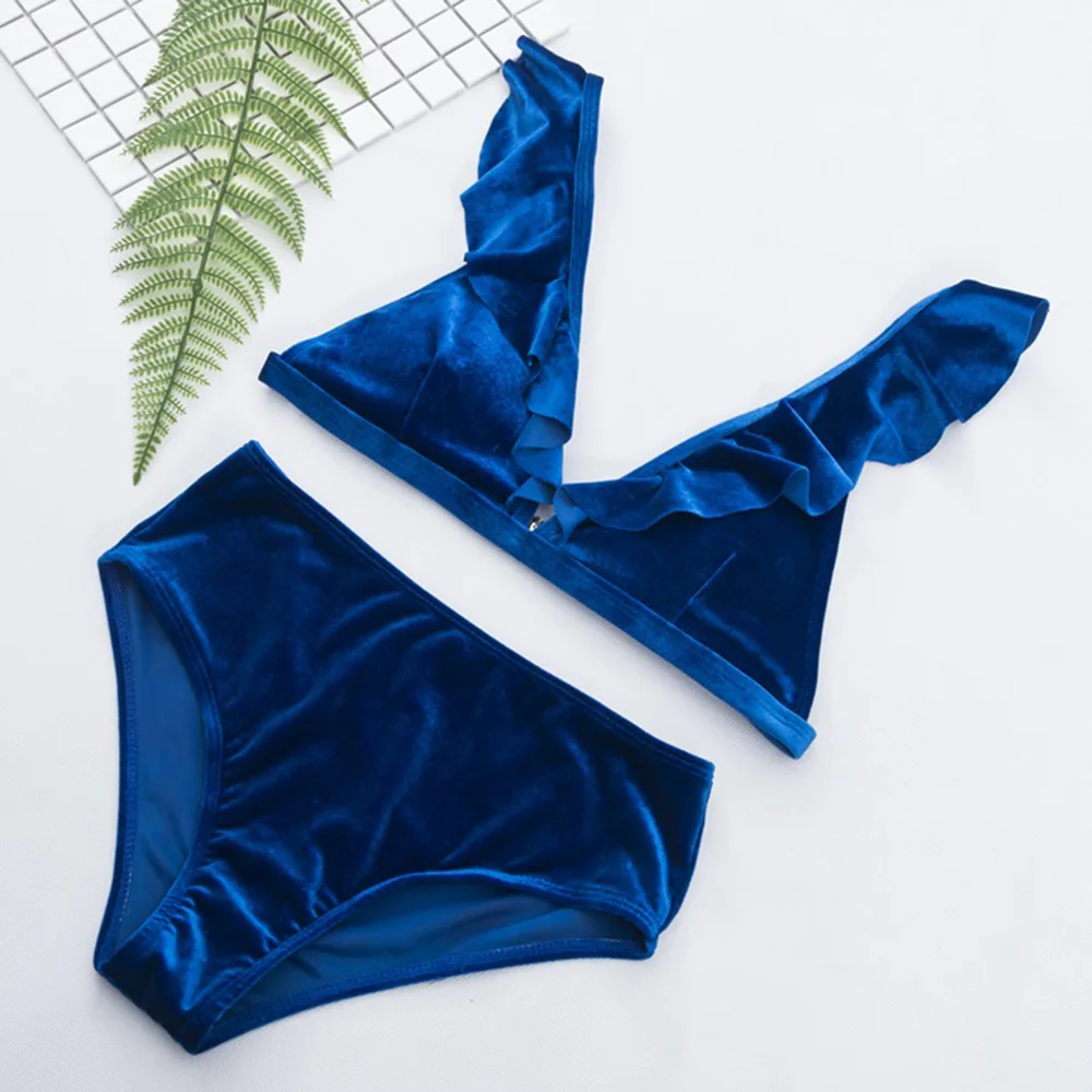 Swimwear Velvet High Waist Swimsuit Solid Reffle Bikini Set Swimming Suit For Women Bathing Suit Female May Bathers Beachwear